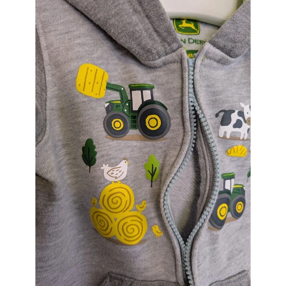 John Deere Toddler Gray Tractor Front Zip Hoodie Sweatshirt 18M Farm Animal Cows